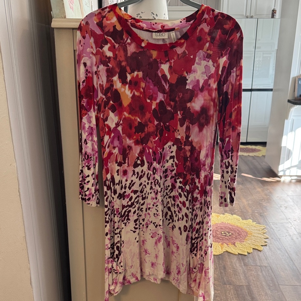 LOGO by Lori Goldstein Red, Pink and White Floral & Animal Print Tunic